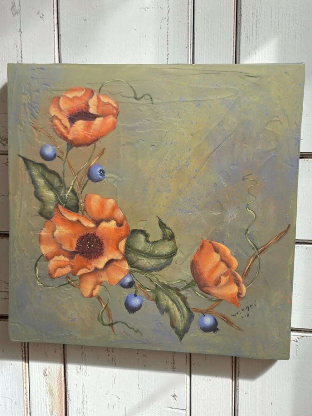Original Signed Floral Painting by Maggi, '10 — Poppies & Blue Berries, 10" × 10